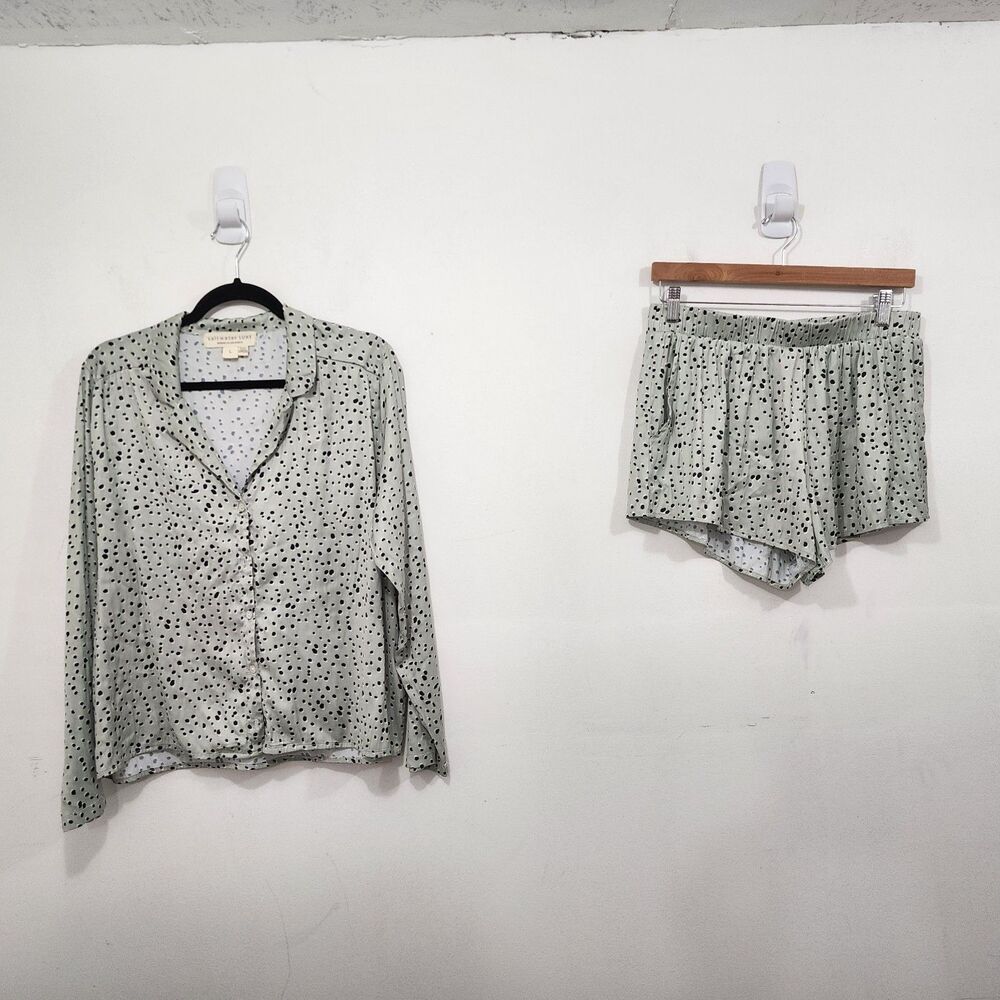 Saltwater Luxe Long Sleeve Shirt Short Set Sage Polka Dot Button-front Womens L